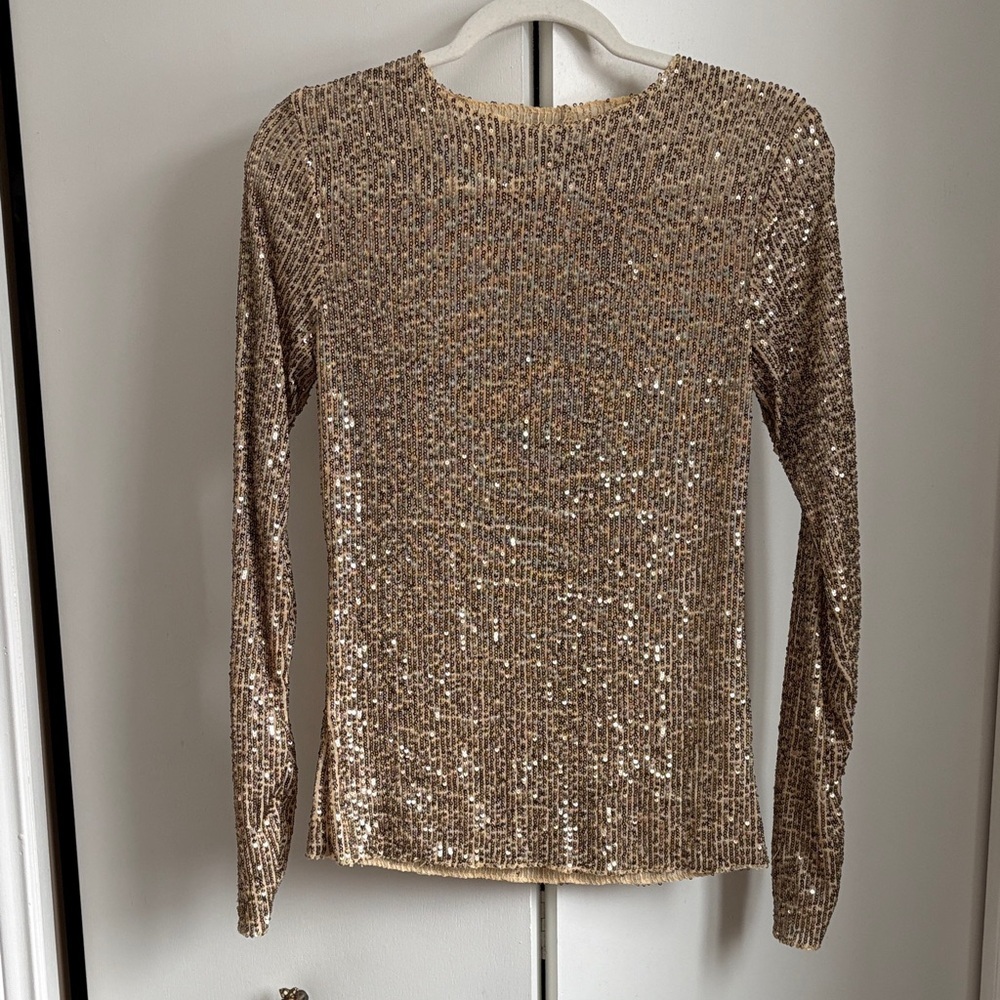 Free People Gold Sequin Long Sleeve Top Y2K Party Maximalist NWOT